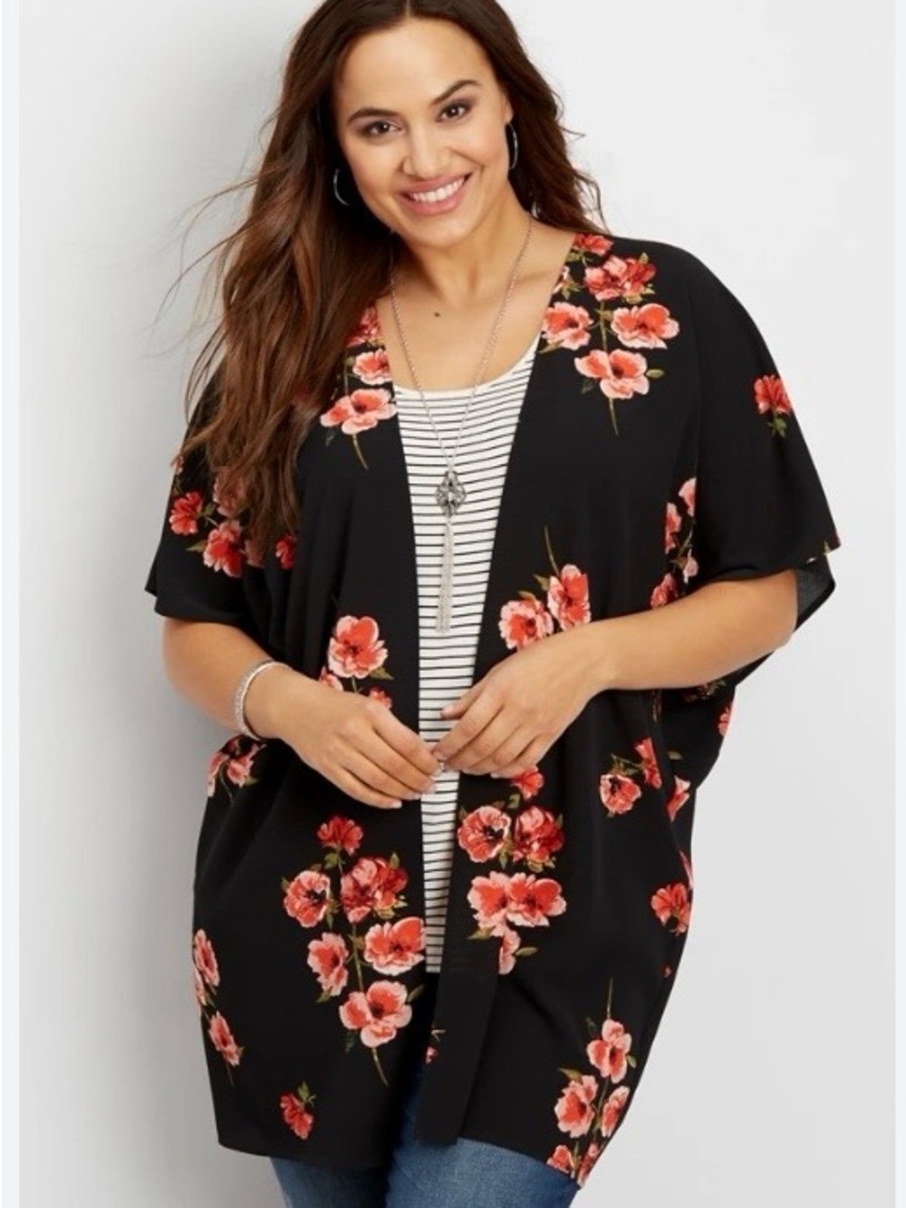 Maurices Black Kimono Cardigan with Coral Floral Print